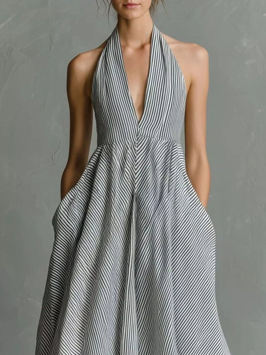 Striped Halter Neck Maxi Dress with Pockets – Plus Size
