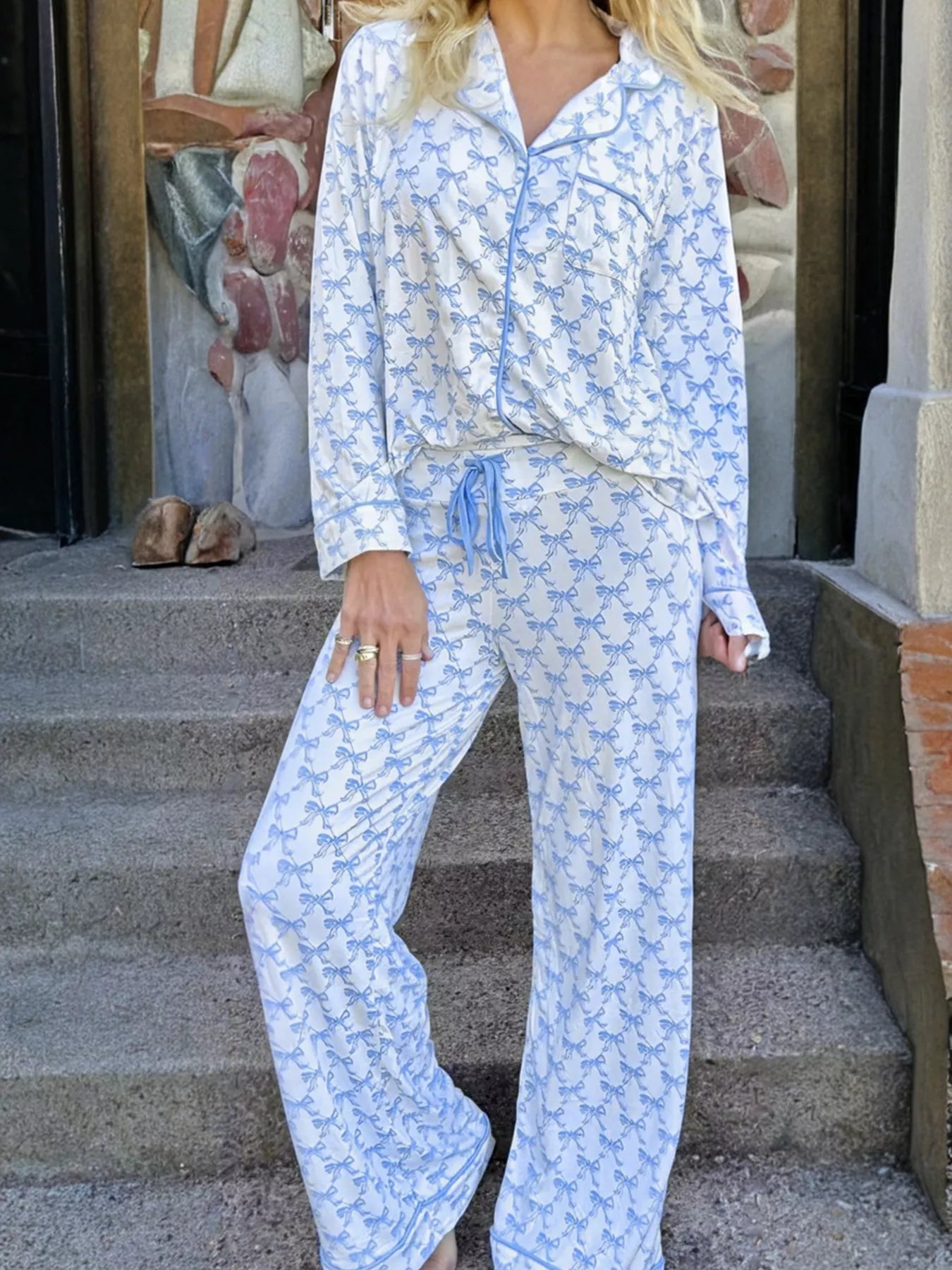 Bow Print Long Sleeve Shirt and Pants Pajama Set — Livostyle