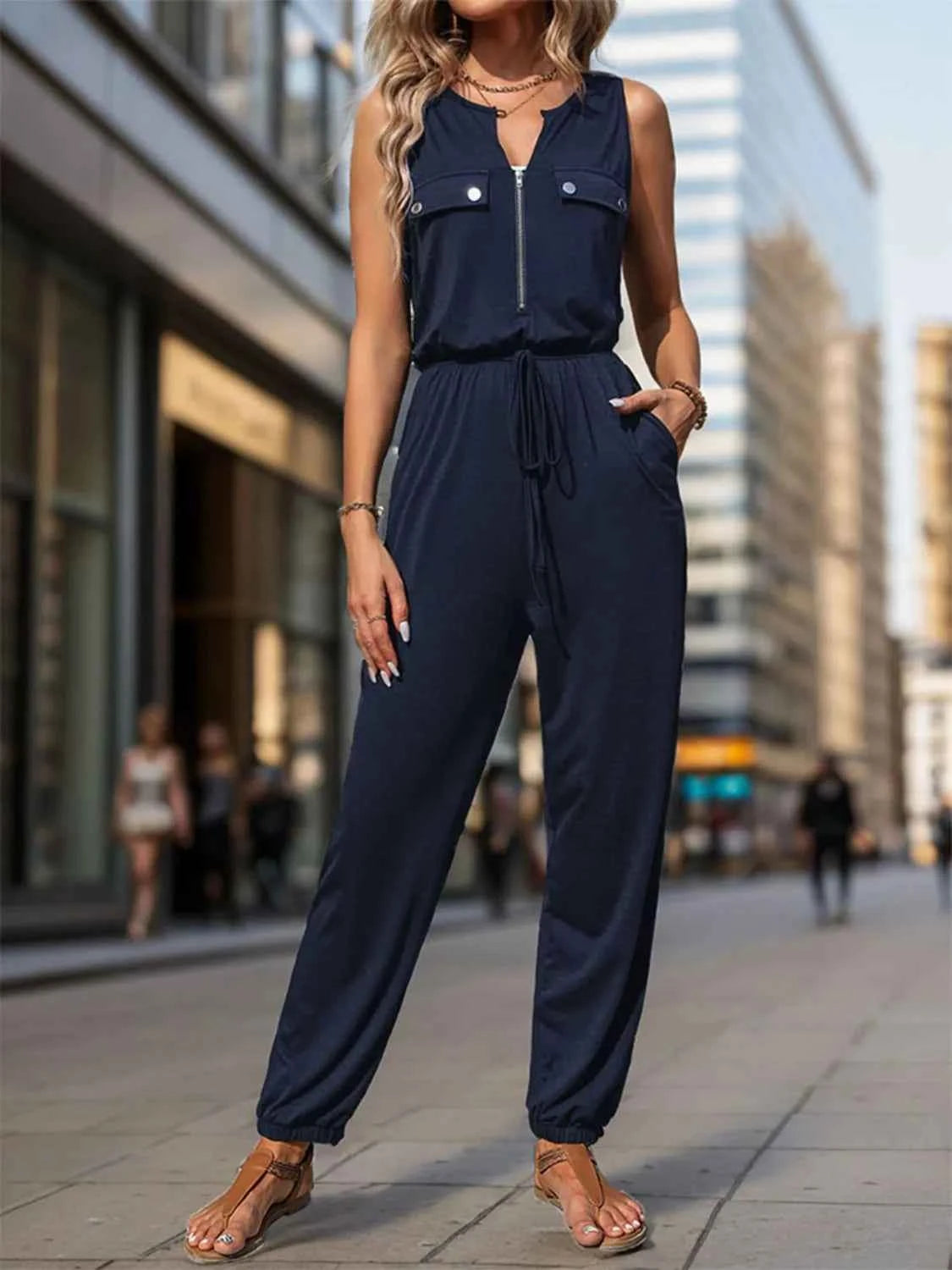 Drawstring Waist Sleeveless Jumpsuit