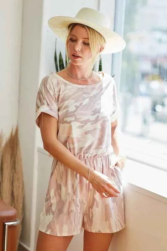 BiBi Camo Print French Terry Romper with Side Pockets