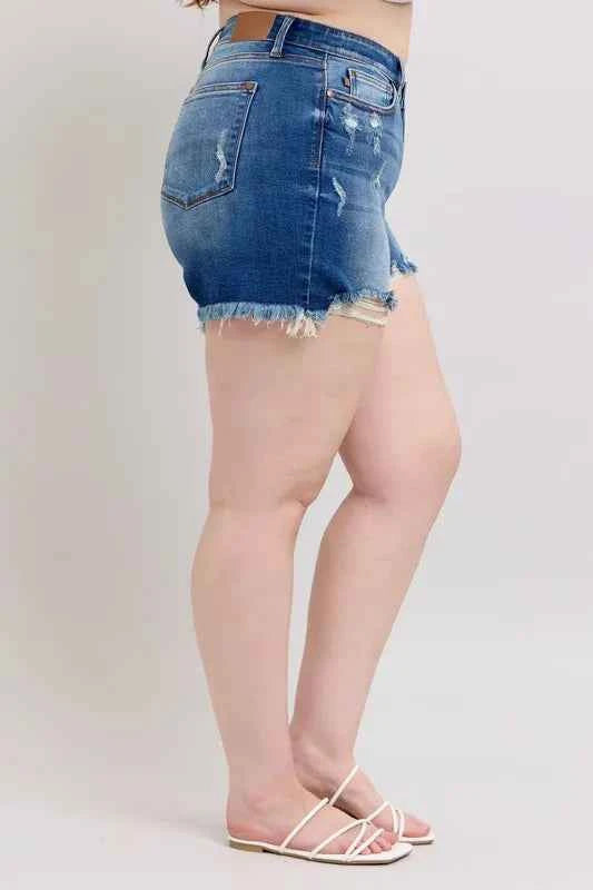 Judy Blue Plus Size 2 Button Dad Shorts with Destrroy