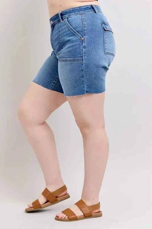 Judy Blue Full Size Mid Rise Bermudas Denim Shorts W/ Back Flap Pockets Plus Size