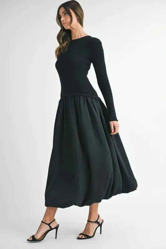 MABLE Ribbed Poplin Mix Midi Sweater Dress