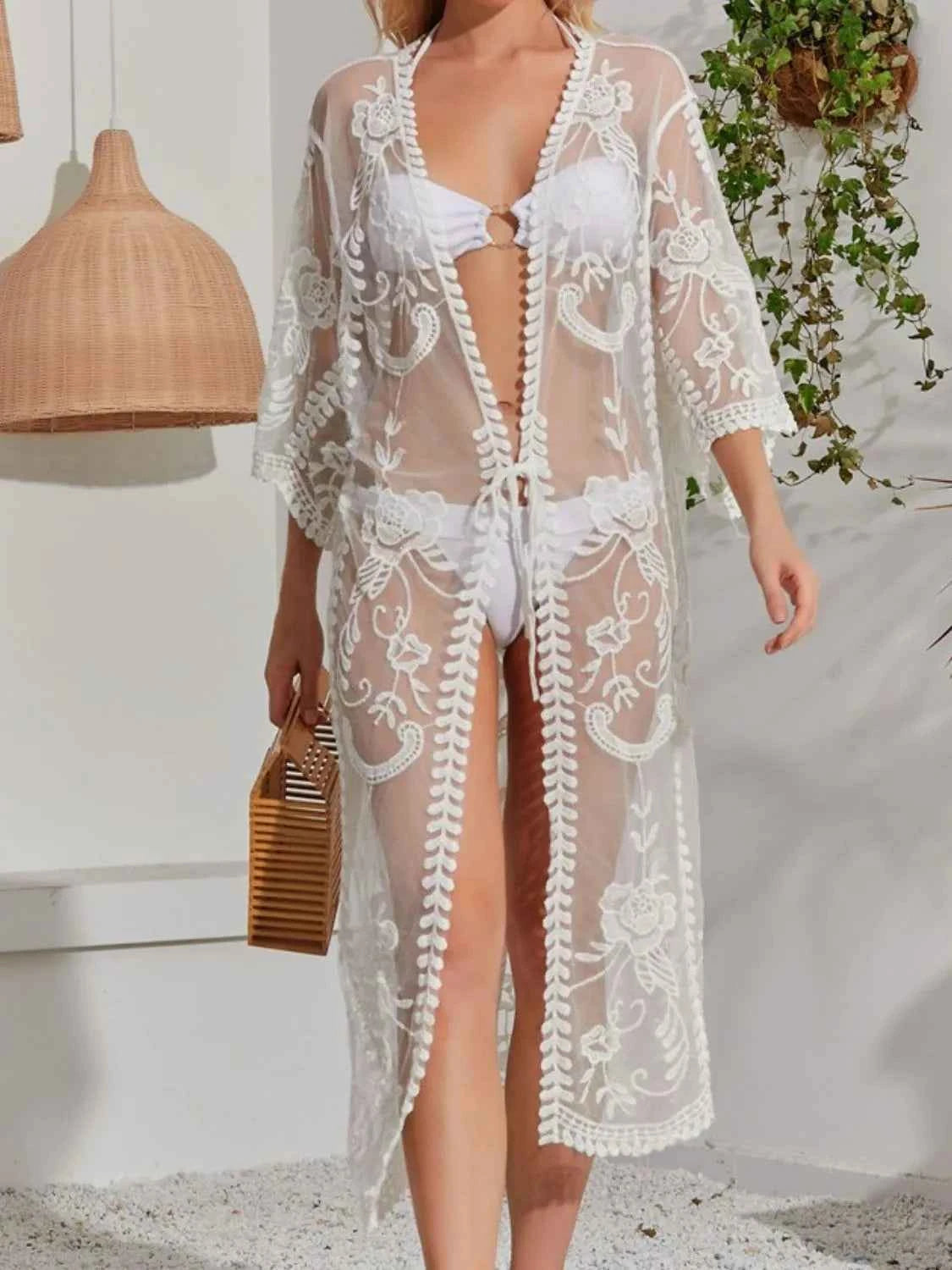Lace Detail Open Front Longline Cover-Up