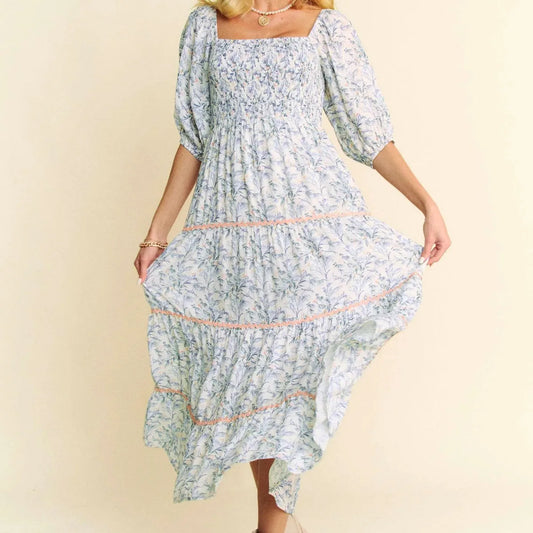 Chic Tiered Midi Dress with Contrast Smocking Detail — square view — Livostyle