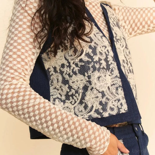 Lace Patch Open Front Denim Vest — square view — Livostyle