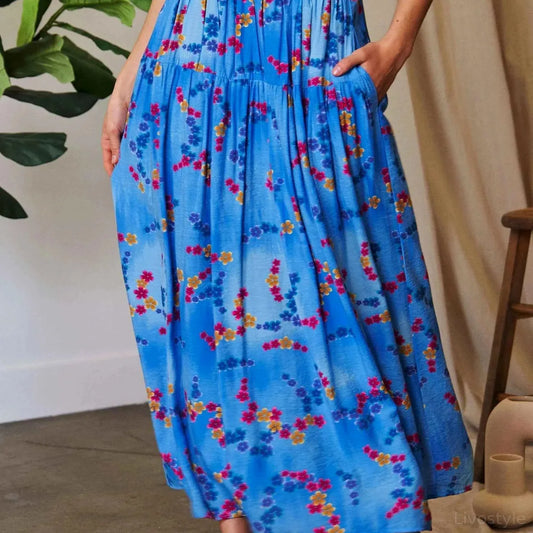 Ocean Blue Printed Smocking Waistband Ruffled Maxi Skirt — square view — Livostyle