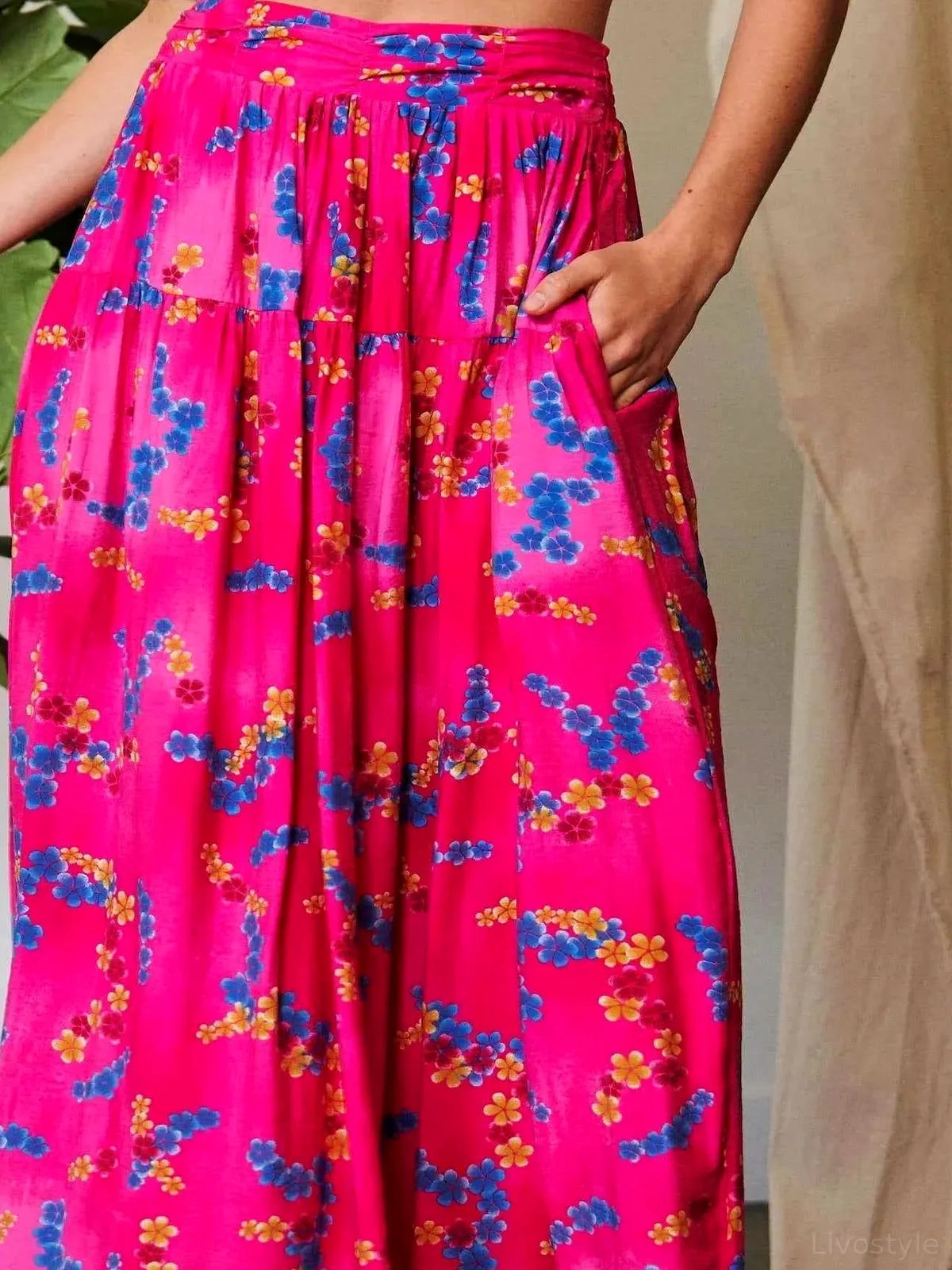 Printed Smocking Waistband Ruffled Maxi Skirt — detail view — Livostyle