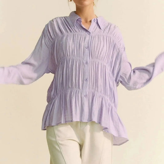 Chic Button Front Shirt with Ruched Detailing — square view — Livostyle