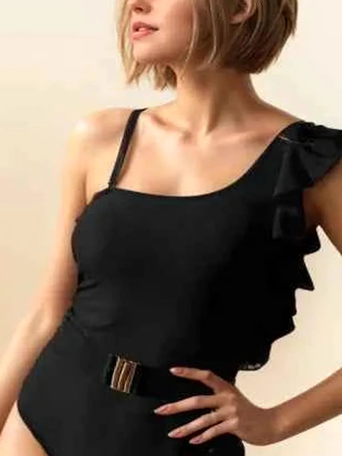 Black Solid One Shoulder Ruffle One Piece Swimsuit — detail view — Livostyle