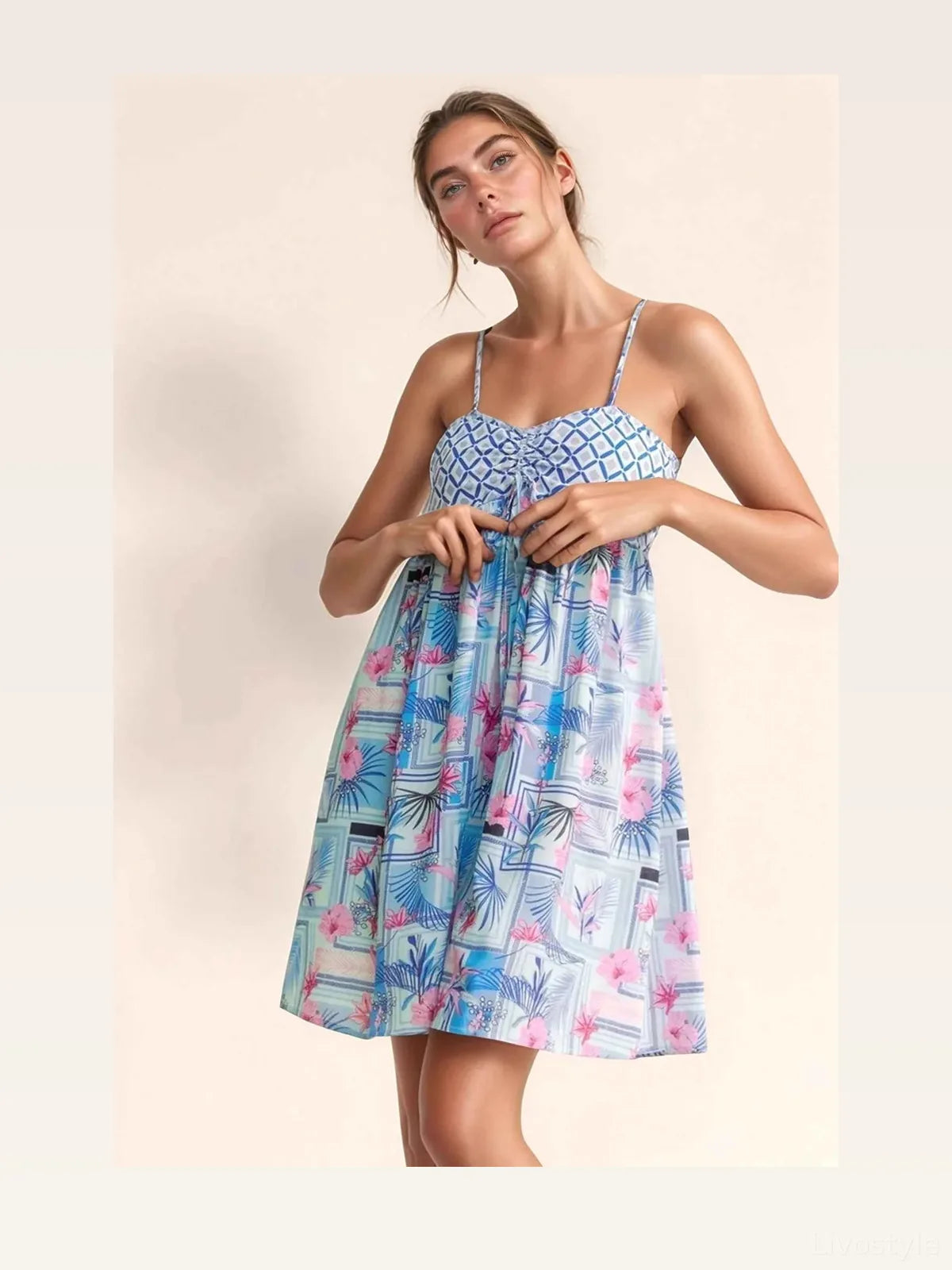 Tropical Floral Geo Print Tie Back Tube Top Romper — styled showcase — Livostyle