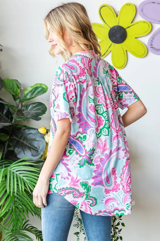 Full Size Paisley Print Short Sleeve Top detail — Livostyle