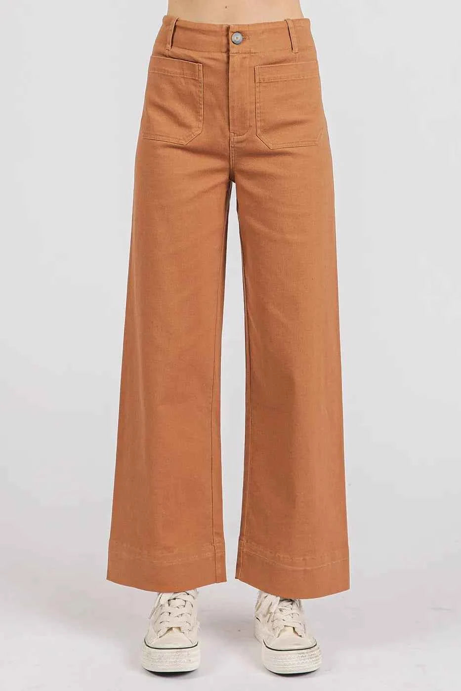 Brown Twill Patch Pocket High Rise Wide Leg Pants