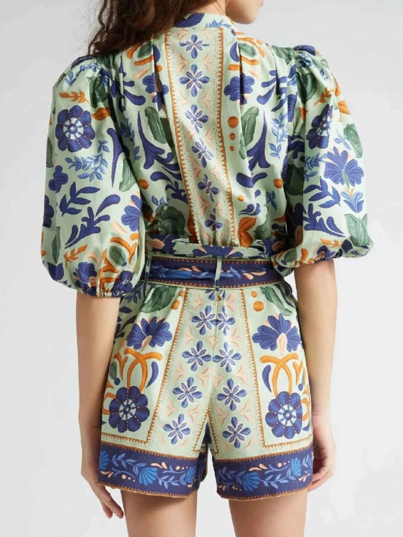 Floral Print Button Front Belted Romper