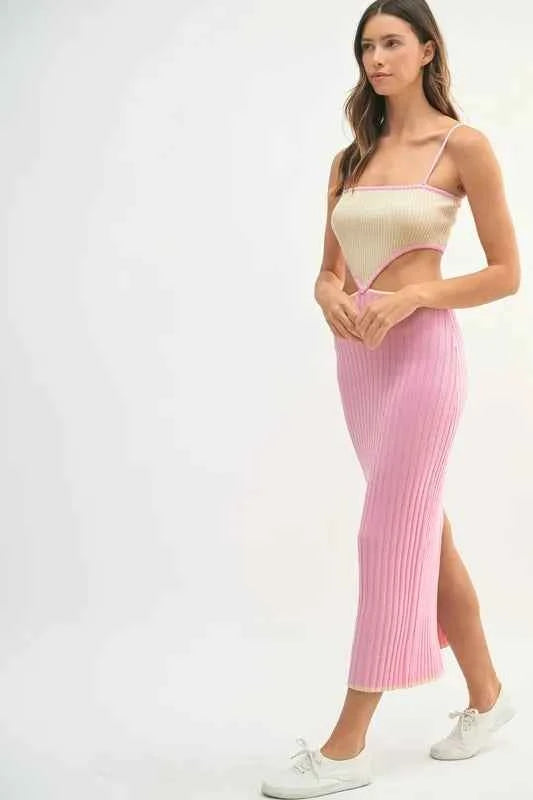 MABLE Ribbed Knit Color Block Cutout Midi Dress