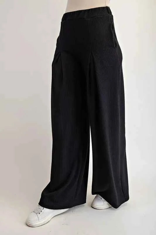 Celeste Full Size Ribbed Wide-Leg Pants with Pockets Plus Size