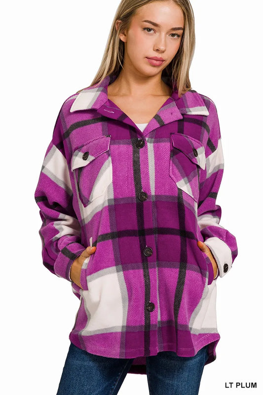 Oversized Plaid Fleece Shacket detail — Livostyle