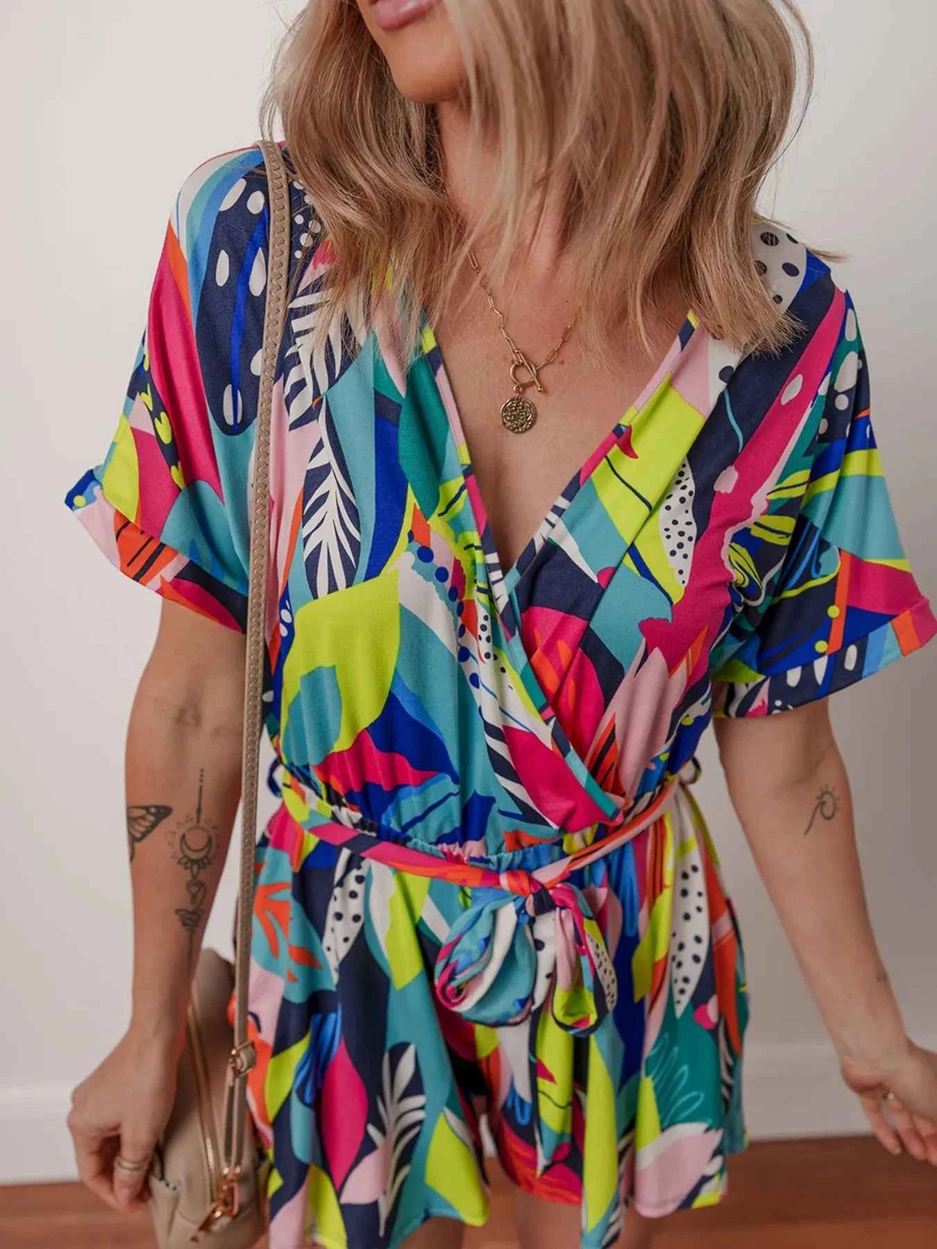Multicolour Tropical Printed Surplice Neck Tie Waist Romper