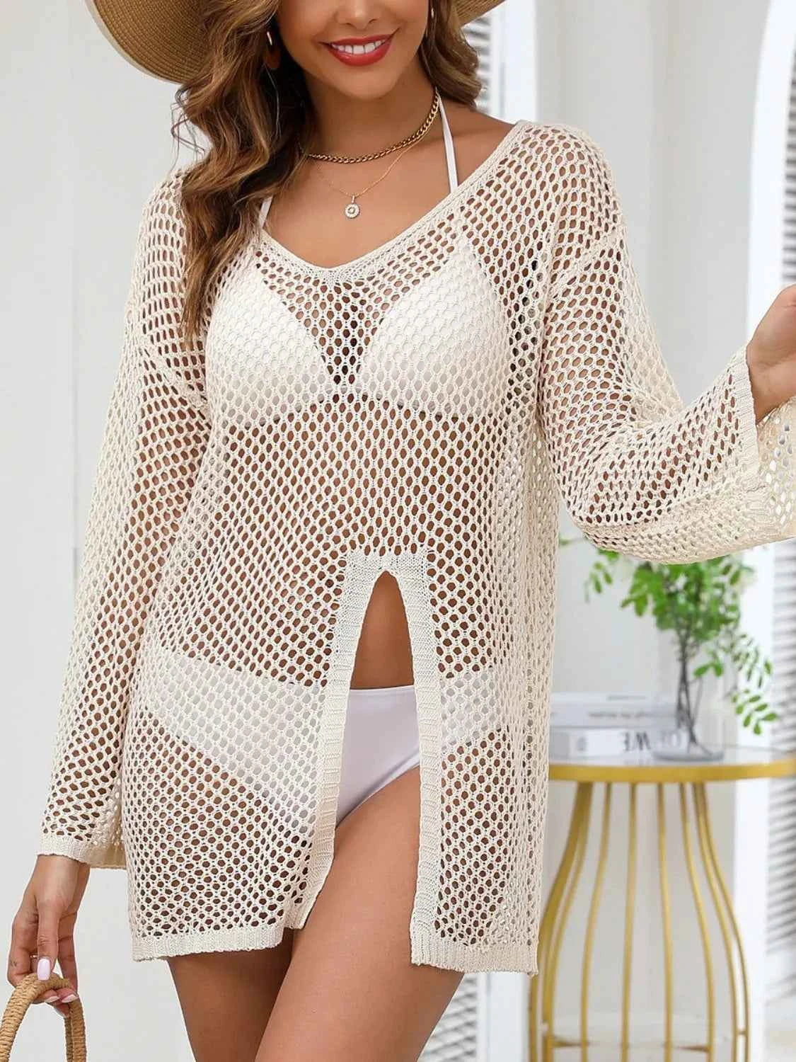 Openwork V-Neck Slit Cover-Up