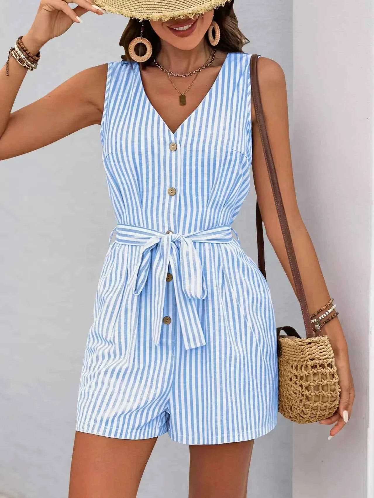 Striped V-neck Button Front Belted Romper
