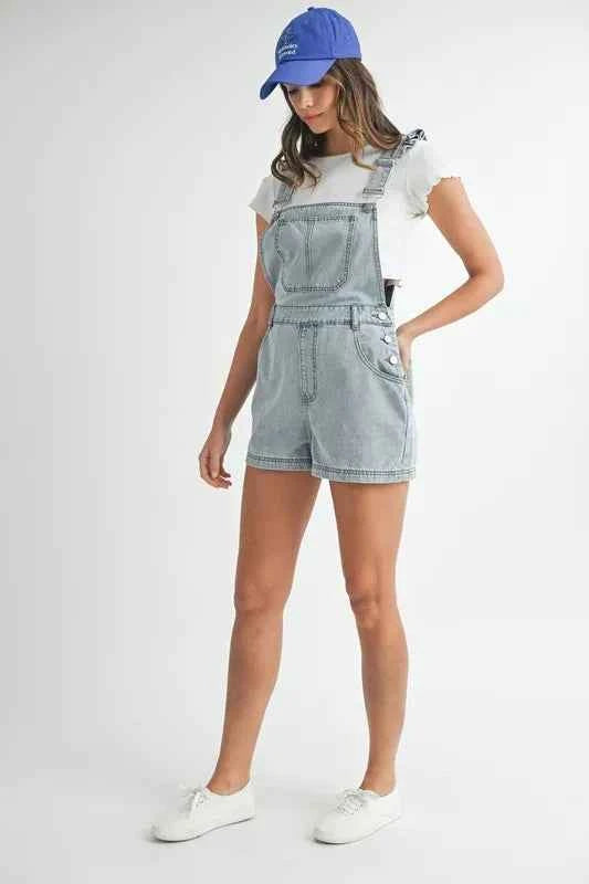 MABLE Square Neck Ruffle Shoulder Denim Overall Romper
