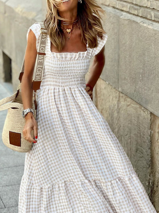 Plaid Ruffle Sleeve Smocked Maxi Dress