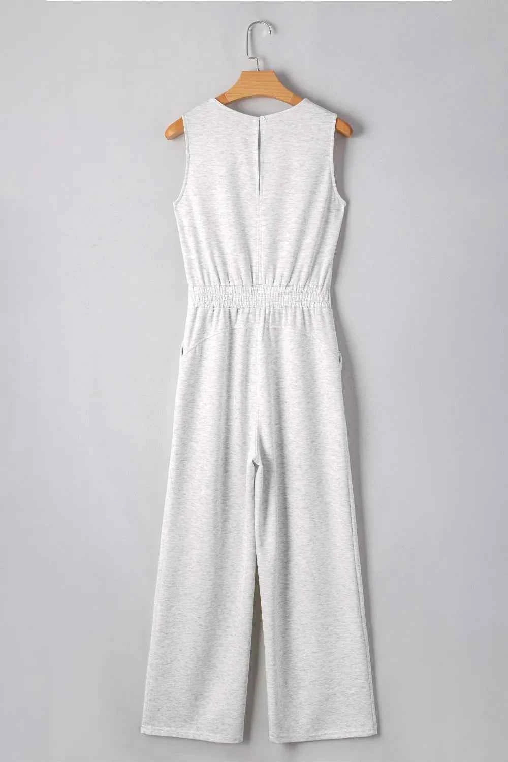 Solid Color Crew Neck Drawstring High Waist Sleeveless Jumpsuit