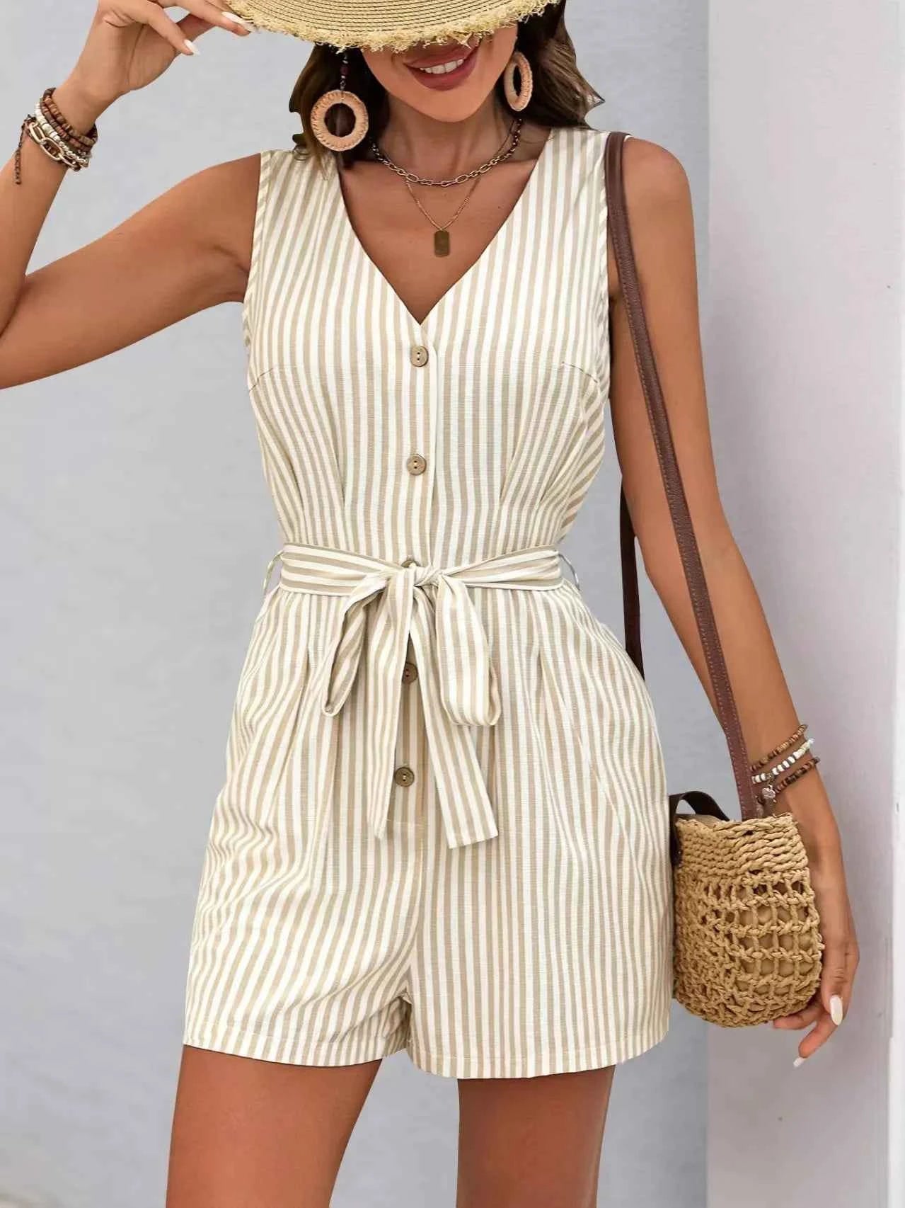 Striped V-neck Button Front Belted Romper