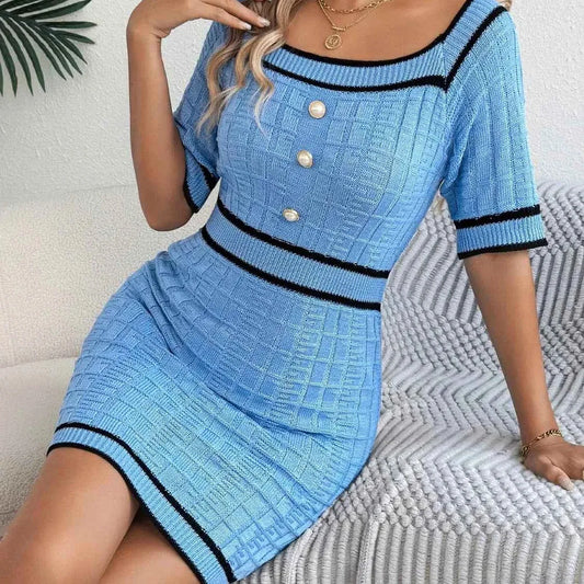 Decorative Button Short Sleeve Sweater Dress — square view — Livostyle