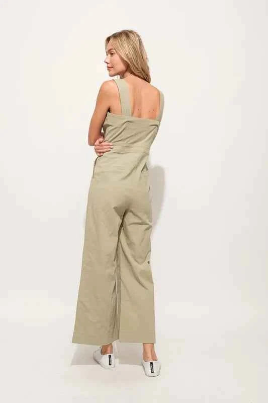 And The Why Square Neck Button Down Cropped Wide Leg Jumpsuit
