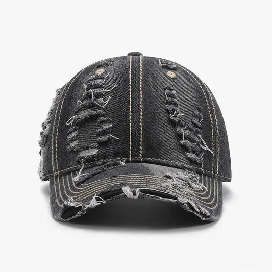 Black Denim Distressed Adjustable Baseball Cap — square view — Livostyle
