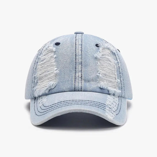 Light Blue Denim Dad Distressed Baseball Cap — square view — Livostyle