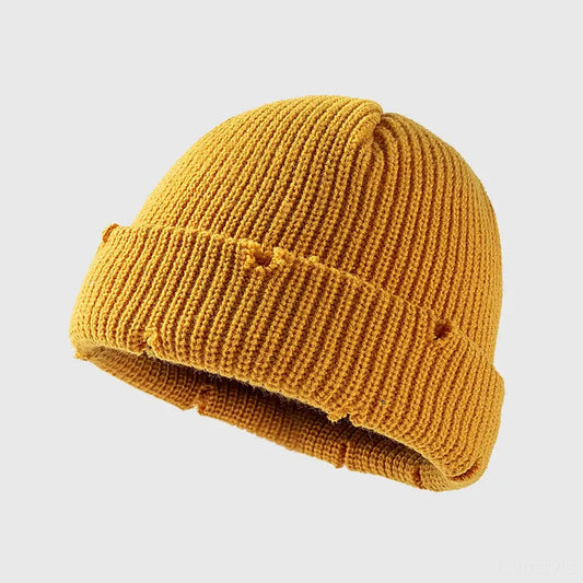 Distressed Cuffed Knit Hat — square view — Livostyle