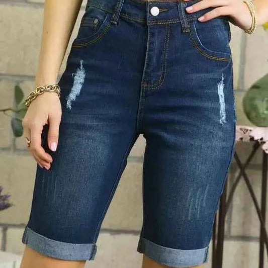 Distressed Denim Shorts with Pockets — square view — Livostyle