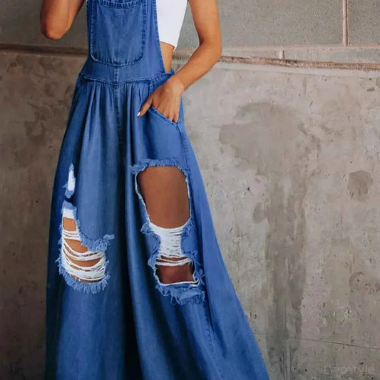 Distressed Wide Leg Denim Overalls — square view — Livostyle