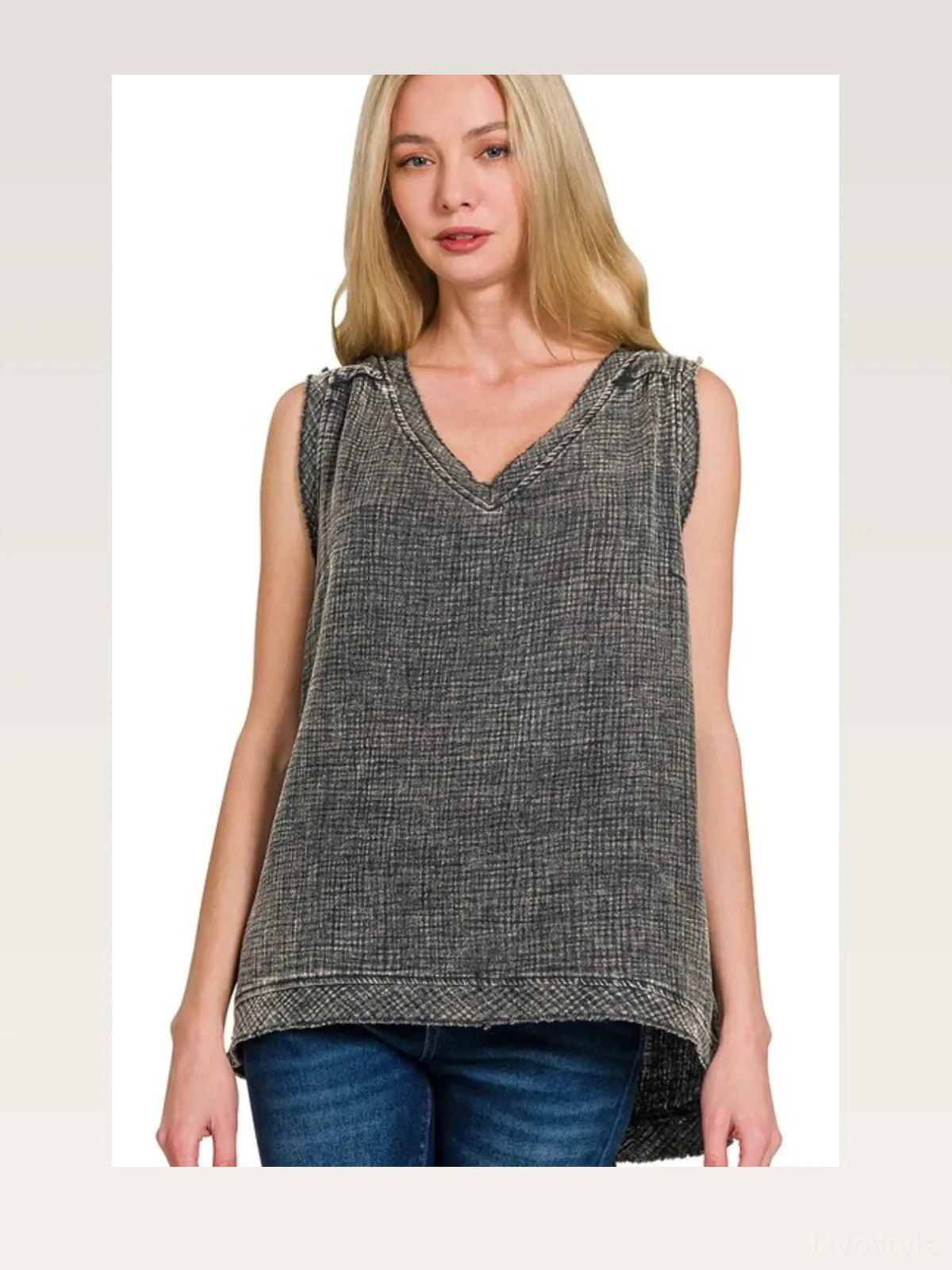 Double Gauze Raw Edge Acid Washed Tank in Ash Black — styled showcase — Livostyle