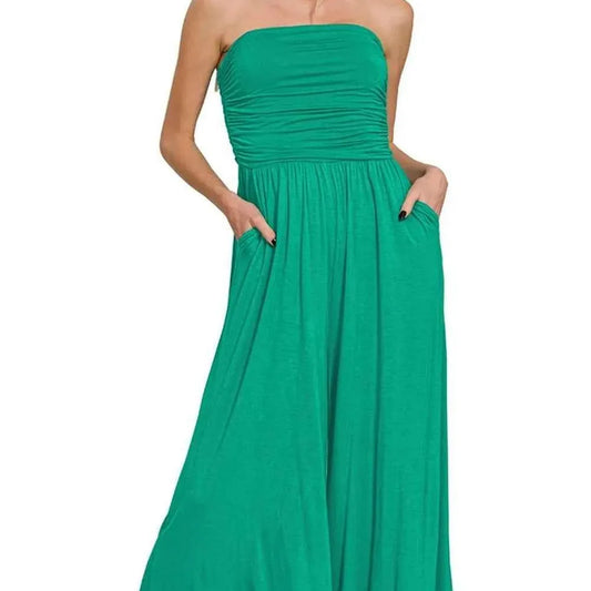 Double Layered Strapless Tube Top Jumpsuit in K GREEN — square view — Livostyle