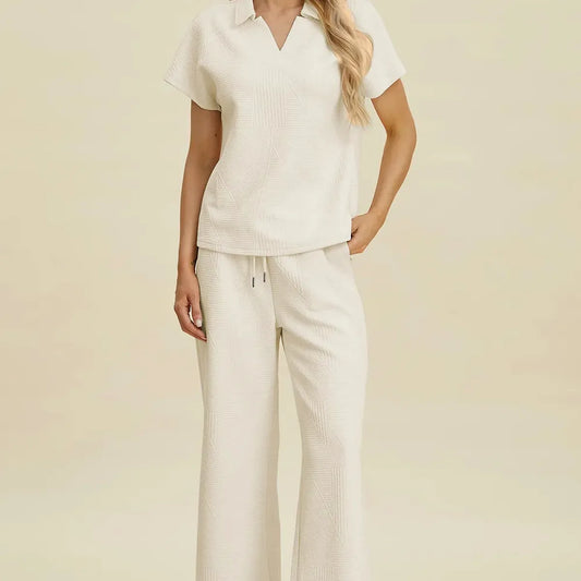 Collared Neck Short Sleeve Top and Pants Set — square view — Livostyle
