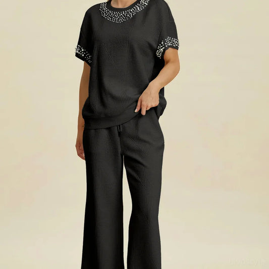 Pearl Detail Round Neck Top and Pants Set – fabric and detail close-up