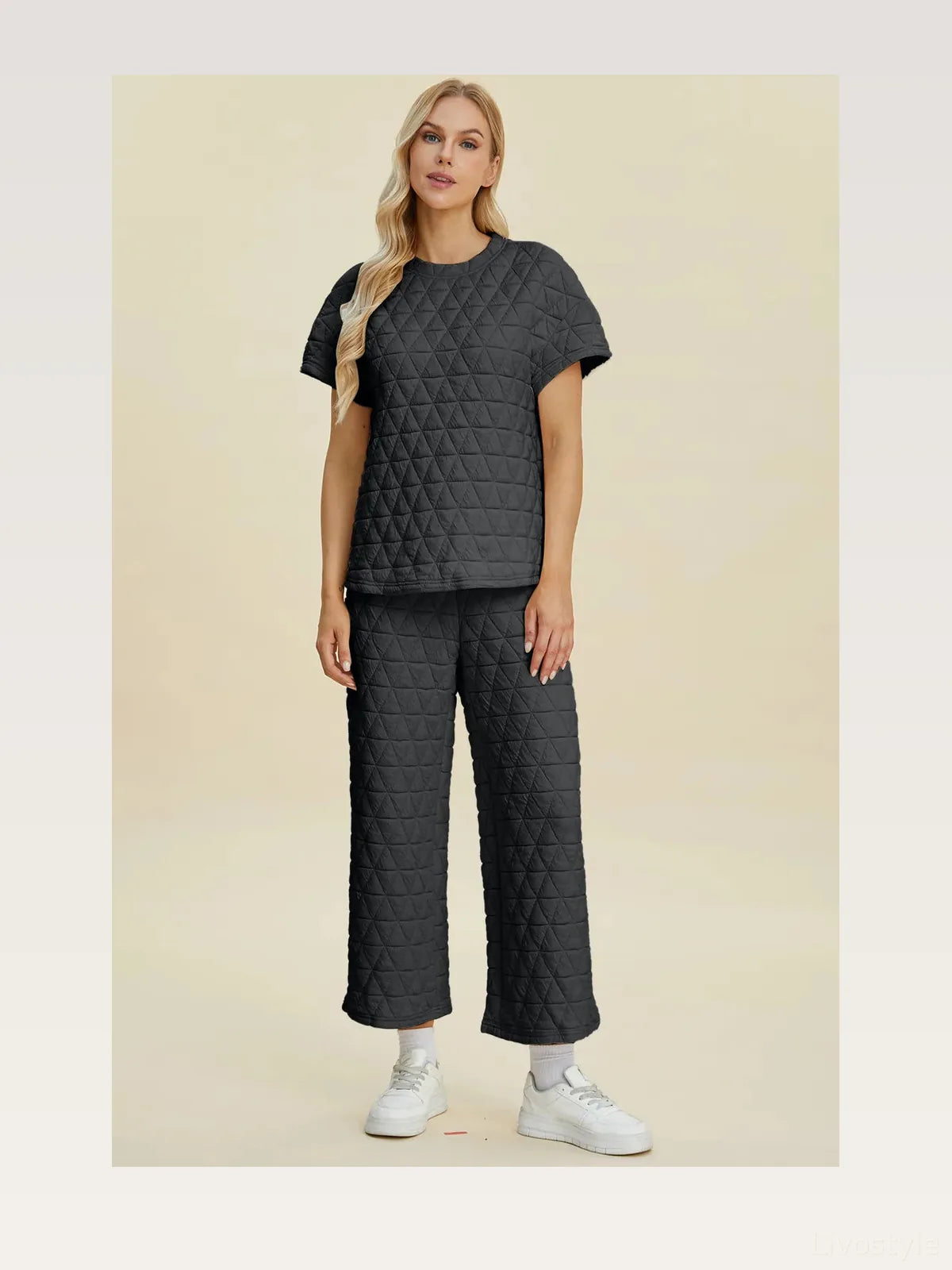 Texture Round Neck Short Sleeve Top and Pants Set — styled showcase — Livostyle