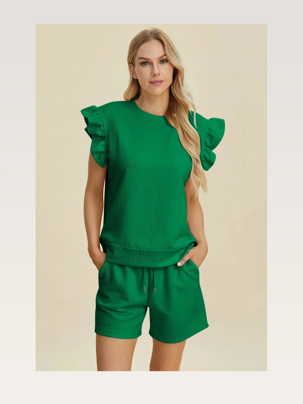 Texture Round Neck Ruffle Sleeve Top and Shorts Set — styled showcase — Livostyle