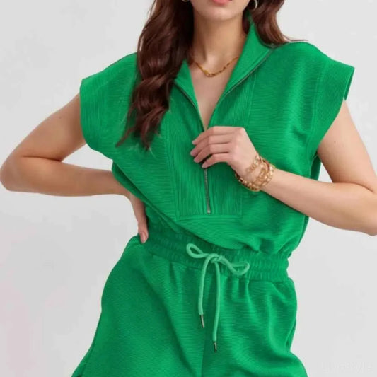 Drawstring Waist Half Zip Romper — square view — Livostyle