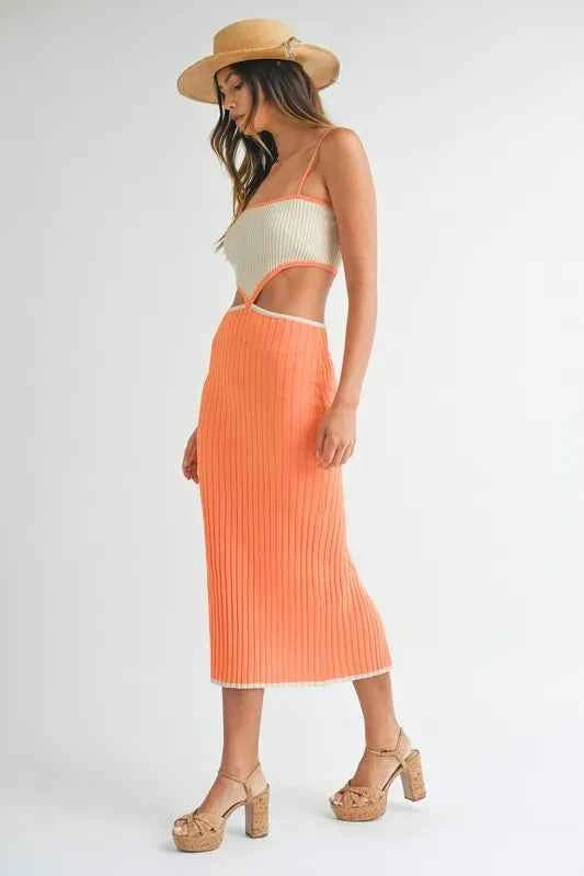 MABLE Ribbed Knit Color Block Cutout Midi Dress
