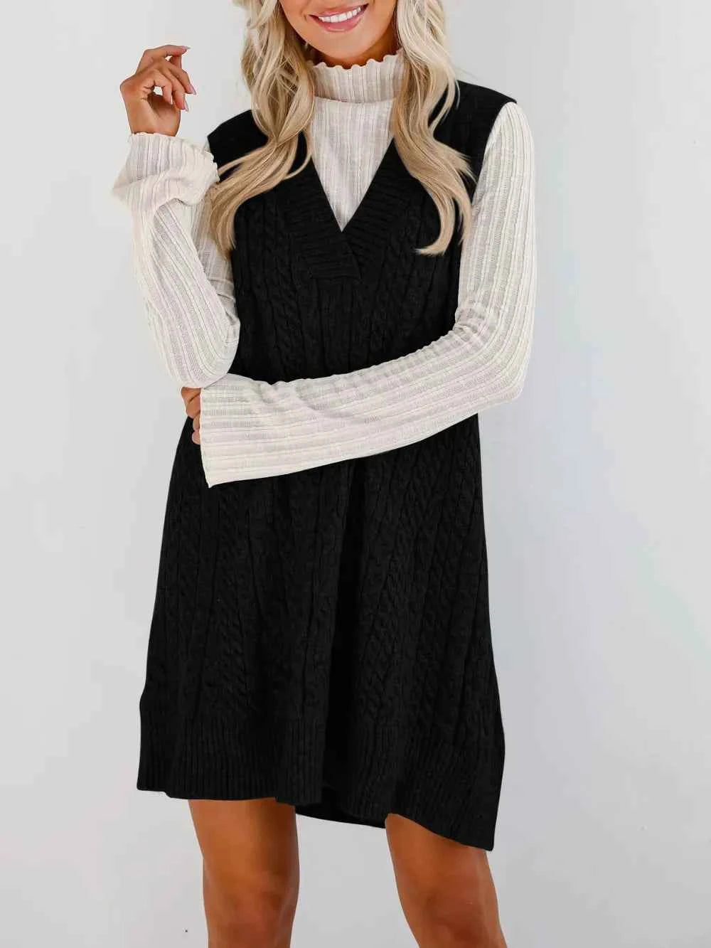 Lovelet Cable Knit V-Neck Mini Sweater Overall Dress