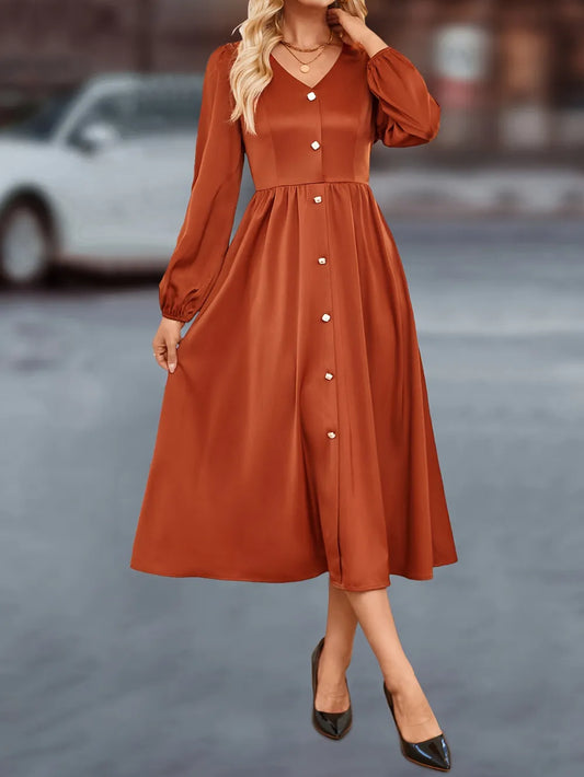 V-Neck Balloon Sleeve Midi Dress with Buttons