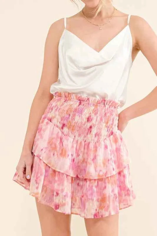 And The Why Printed Lurex Smocked Waist Tiered Skort