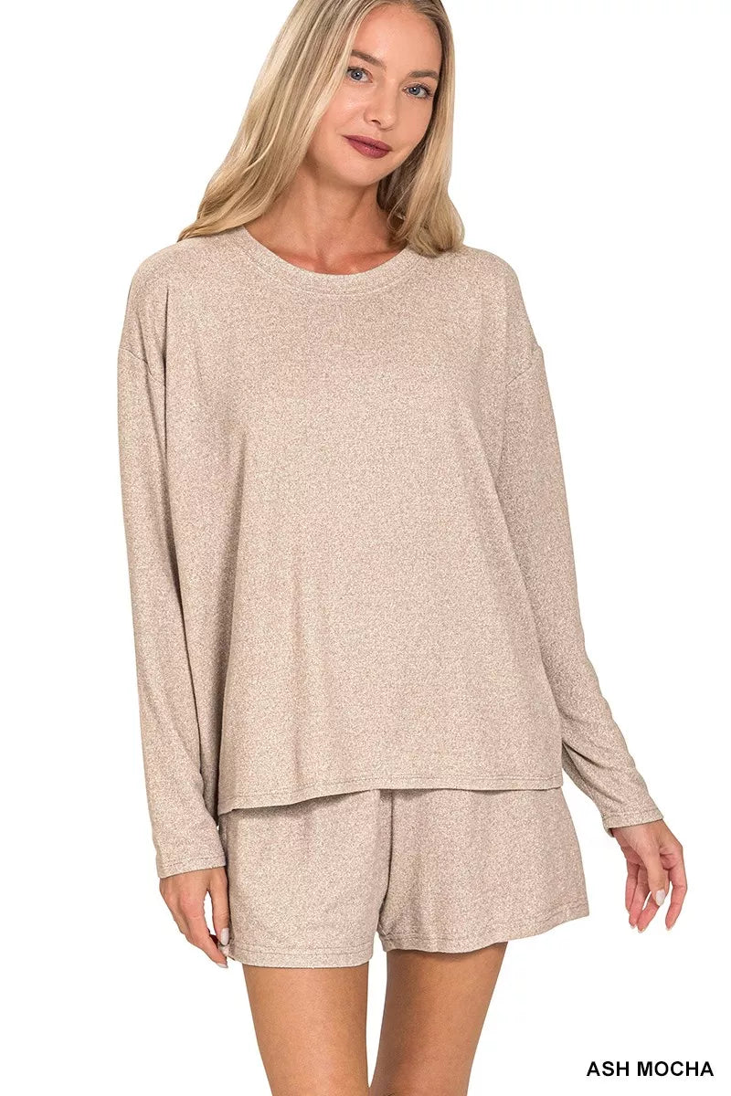 Soft Melange Long Sleeve Tee and Shorts Set in Ash Mocha — Livostyle