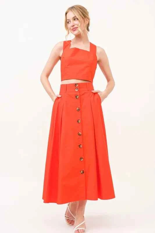 And The Why Button Front Pleated Midi Skirt