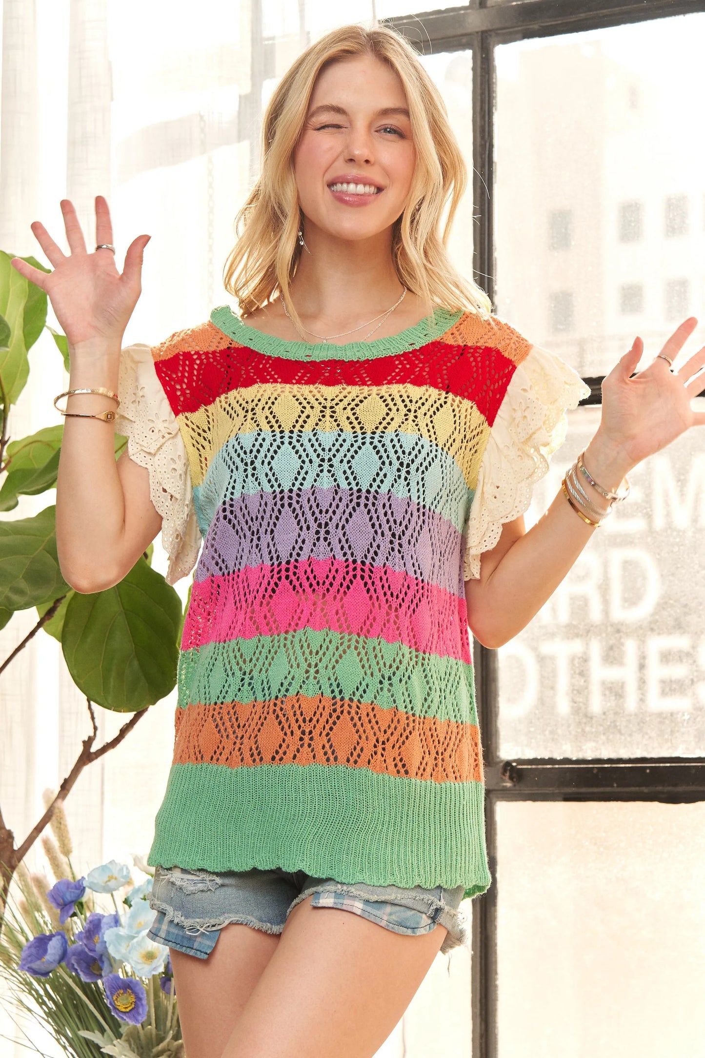 Stylish Crochet Top with Eyelet Sleeves & Multicolor Design — Livostyle