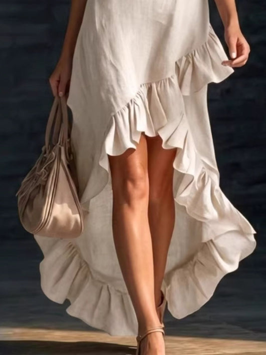 Sleeveless V-Neck Ruffle Hem High-Low Dress